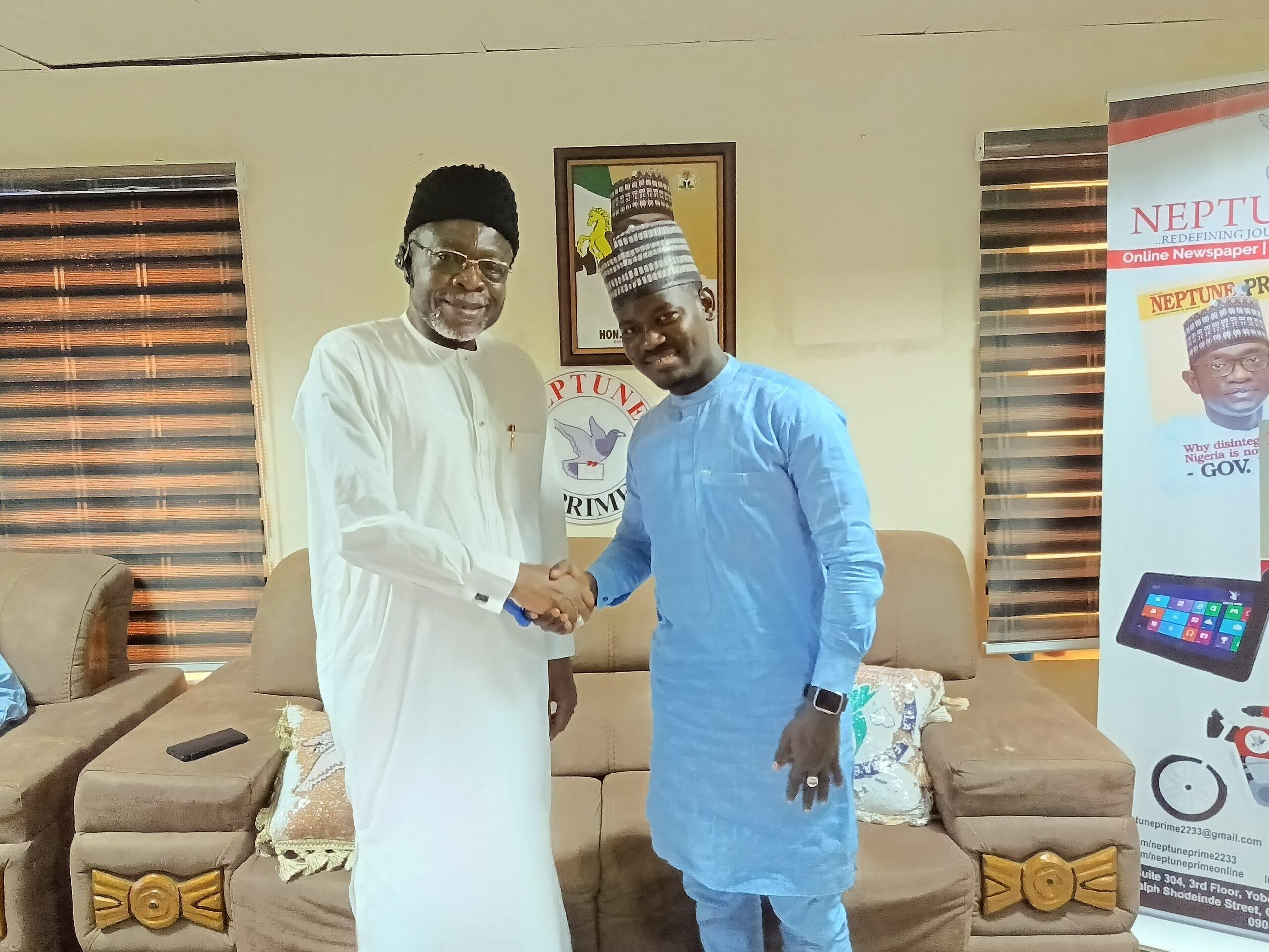 Dr Hassan Gimba, CEO/Publisher of Neptune Prime Network, with Haruna Adamu Sardauna, Chairman of Coalition of Yobe State APC Support Group. Group commends Gov. Buni for people-oriented projects, exceptional achievements in Yobe